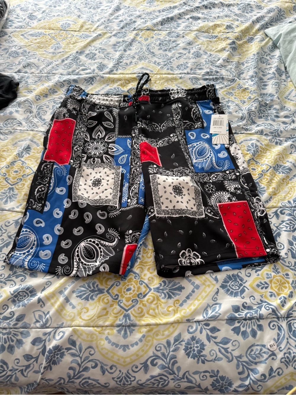 Fresh Patchwork Bandana Print Swim Shorts in Black, Blue & Red